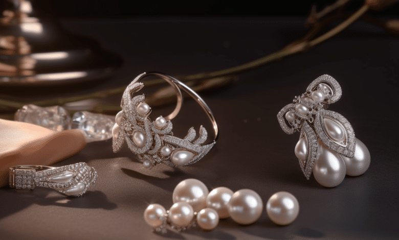 Bride wearing pearl necklace and diamond earrings