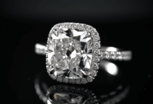 Cushion cut diamond on a ring