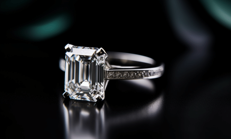 Emerald cut diamond on a ring