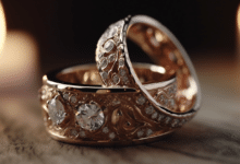 Couple wearing matching wedding rings