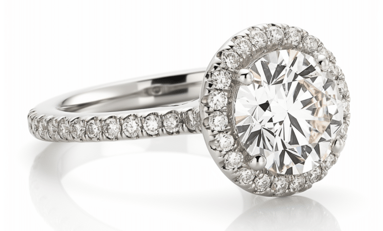 Custom halo engagement ring with a diamond center stone