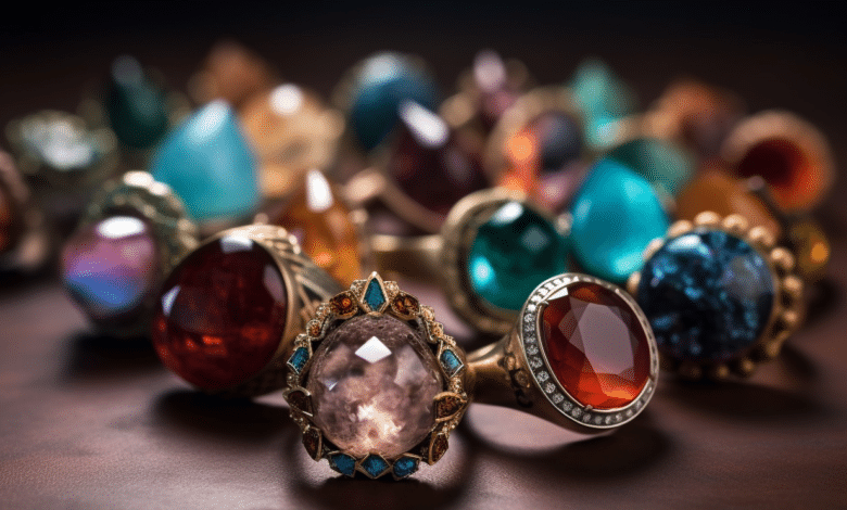 Gemstone ring on a hand with vibrant crystals