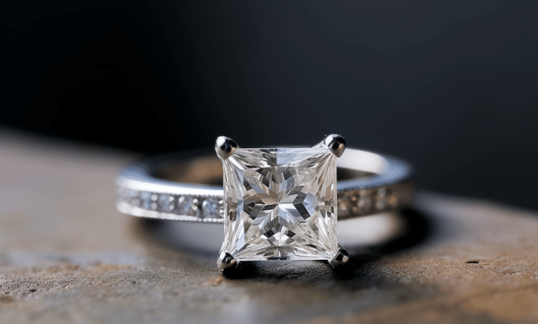 Princess cut diamond ring on a summer beach