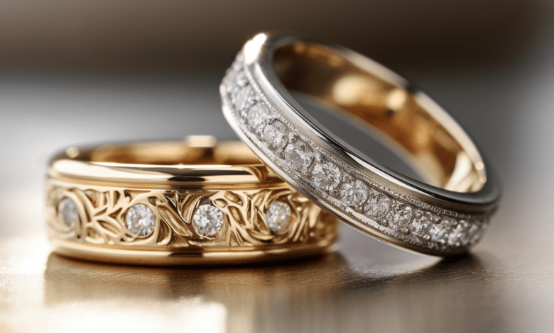Couple wearing complementary wedding bands
