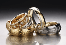 Couple wearing profession-specific wedding rings