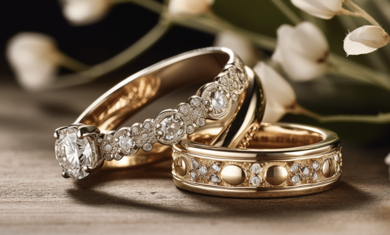 Couple wearing matching engagement and wedding rings