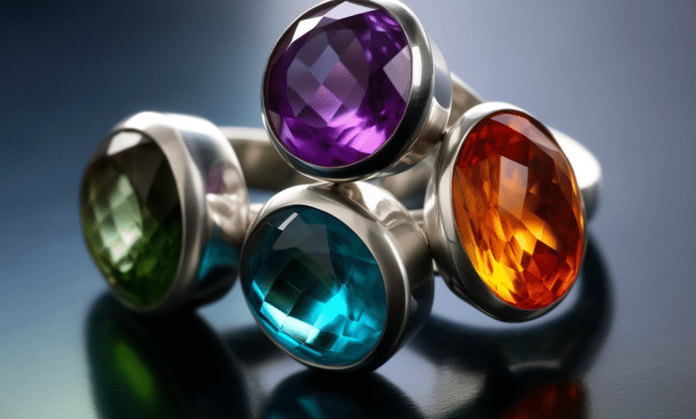 Gemstones in various colors arranged in a jewelry setting