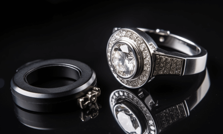 Photo of an engagement ring with a home safe in the background