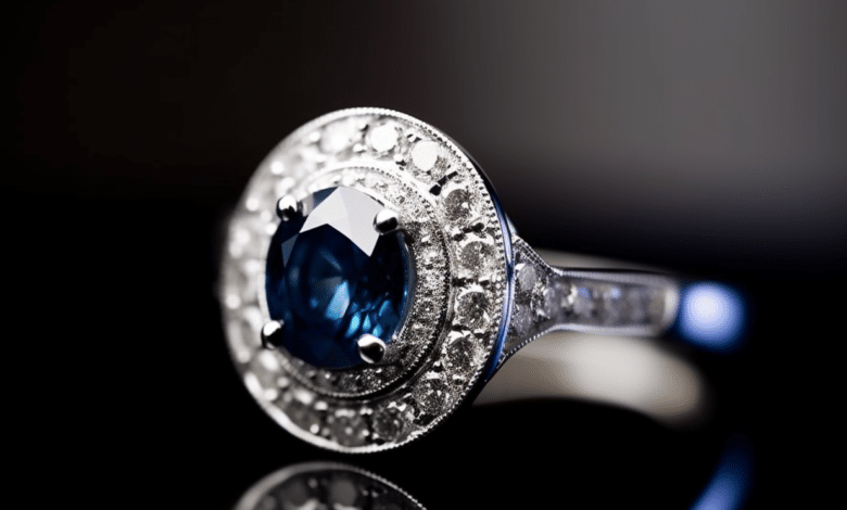 A blue sapphire engagement ring with a halo setting