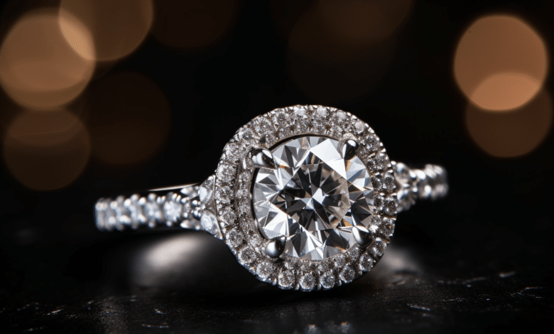 Halo engagement ring with a center diamond and pavé diamonds