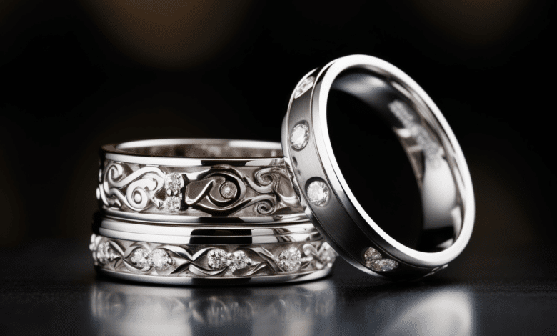 Couple wearing matching wedding bands