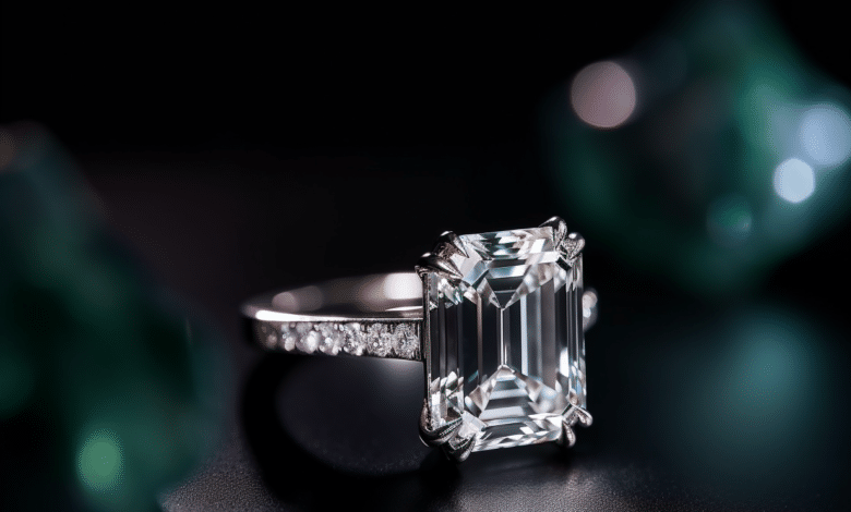 Emerald cut diamond ring on a romantic proposal setting