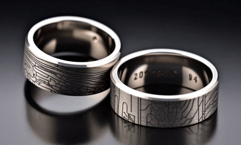 Couple's hands with engraved wedding rings