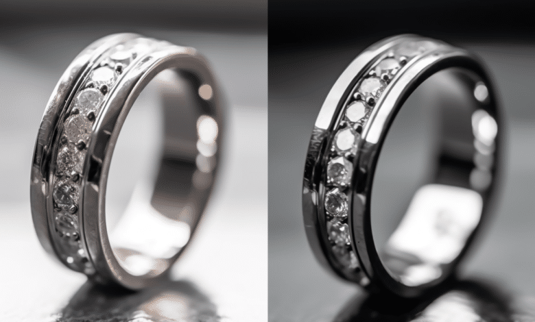 Couple trying on wedding rings