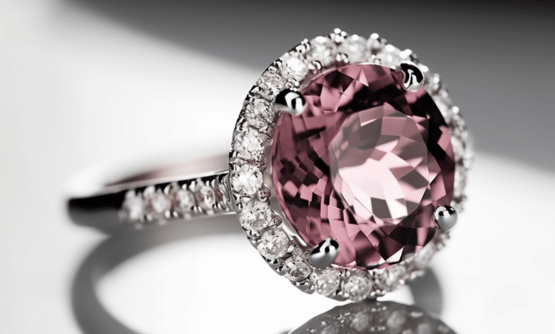 Couple examining gemstone engagement ring