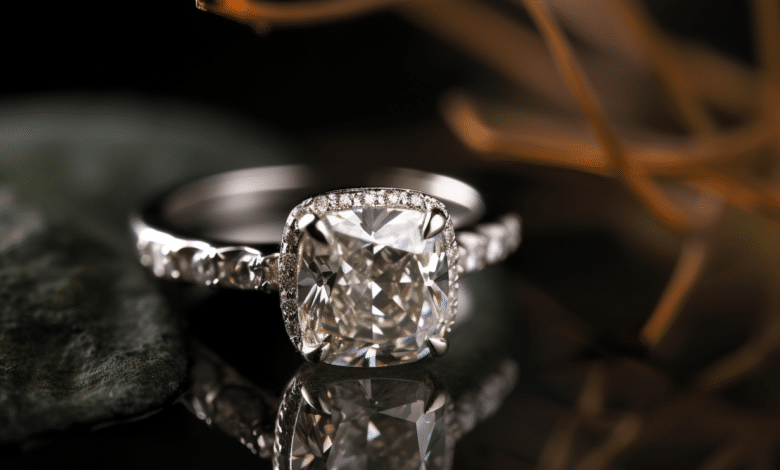Cushion cut diamond in a halo setting