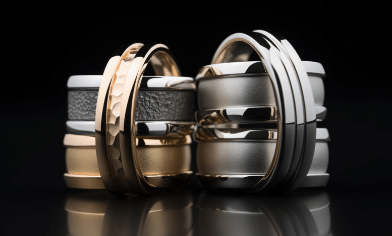 Modern wedding bands with mixed metals and eternity stones