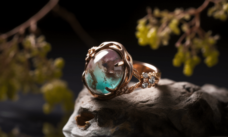 Nature-inspired gemstone engagement ring with twig and leaf details