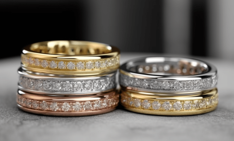 Couple choosing matching wedding bands