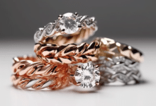 Customizable twist band engagement ring with intertwined metals and gemstones