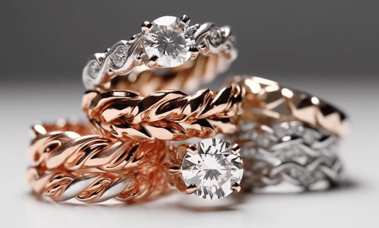 Customizable twist band engagement ring with intertwined metals and gemstones