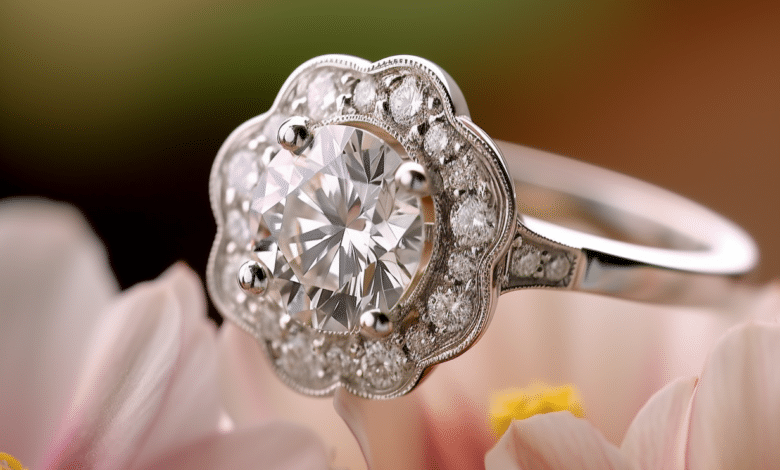 Photo of a platinum wedding band with a diamond