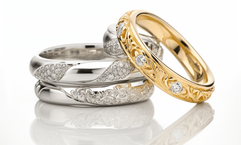Mixed metal wedding set with white and yellow gold