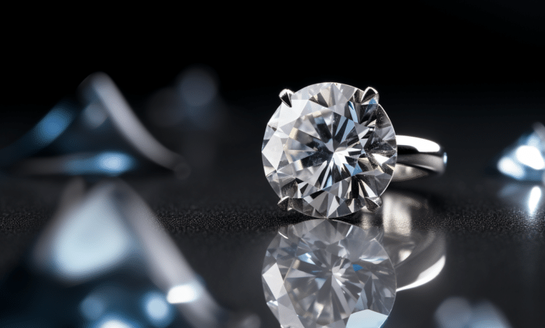 Round cut diamond in a solitaire engagement ring setting