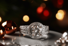 Christmas Eve engagement ring with festive design