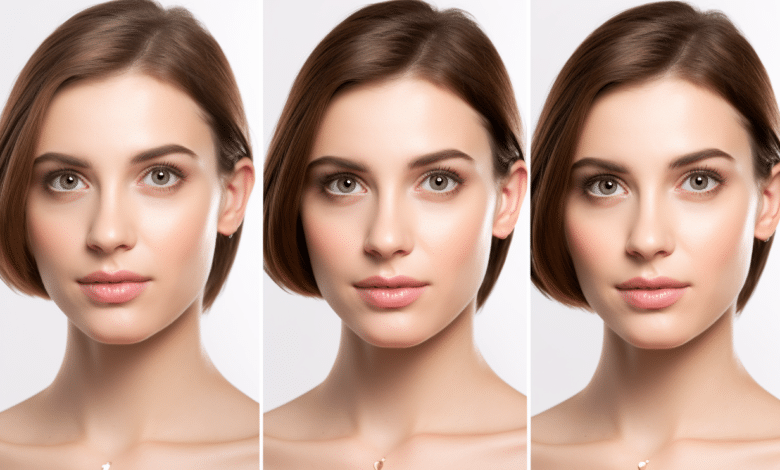Diamond face shape guide with makeup and earrings