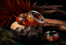 Festive ring made from meteorite and wood
