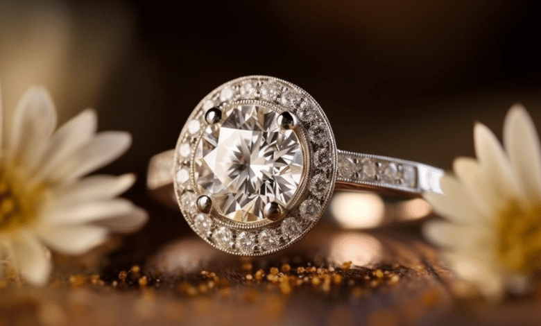 Halo engagement ring with a sparkling center diamond