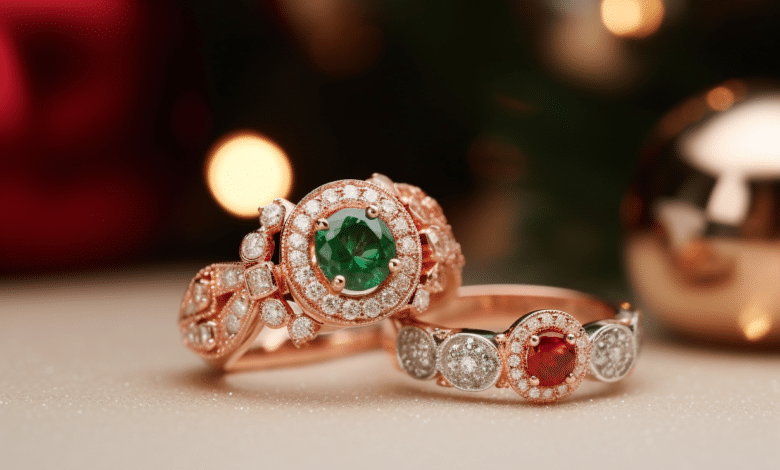 Holiday engagement ring with festive design