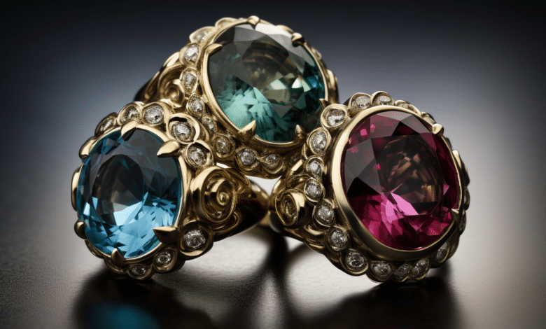 Rare gemstones in a three-stone engagement ring