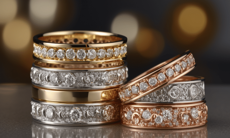 Stackable wedding rings in gold with diamonds and precious stones