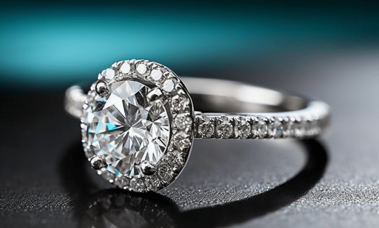 Couple choosing a halo engagement ring