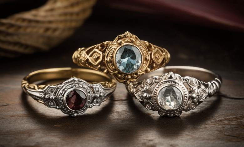 Victorian-era engagement ring with intricate goldwork and gemstones