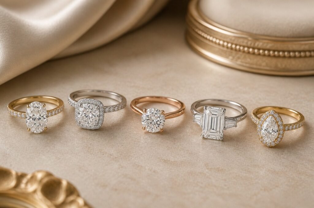 Different engagement ring styles showing design variations and common mistakes to avoid when choosing a diamond ring