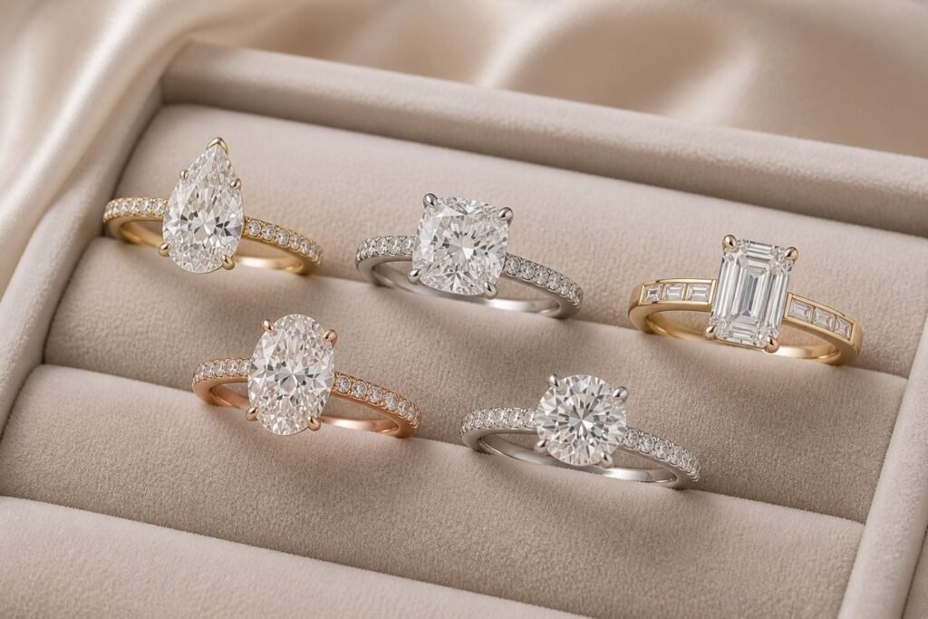 Popular engagement ring styles featuring solitaire, halo, oval, and emerald diamond rings in luxury settings