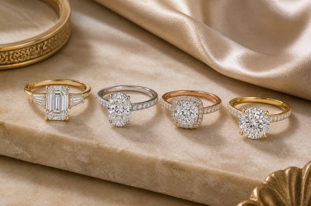 Diamond engagement rings in different styles and settings illustrating how to choose the perfect engagement ring