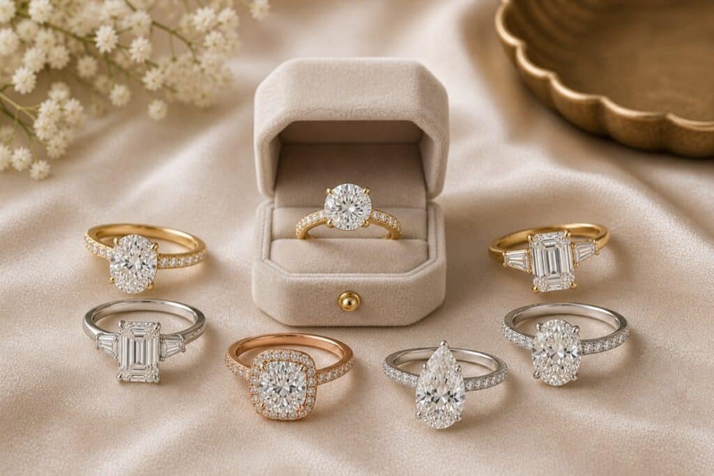 Luxury engagement rings collection with diamond solitaire, oval, emerald and halo styles in elegant settings