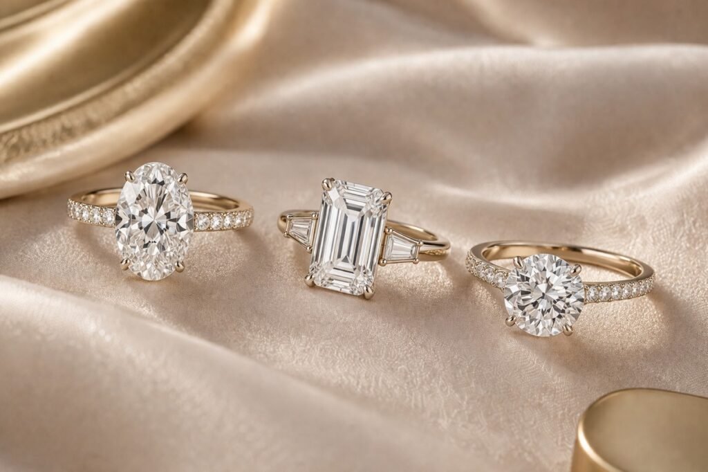 Luxury engagement rings with oval, emerald, and round diamonds showcasing modern engagement ring trends 2026