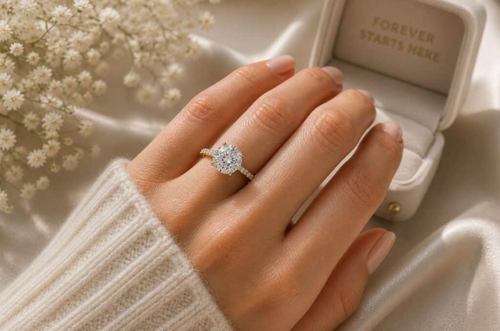 Elegant solitaire engagement ring on hand with round diamond in a luxury setting representing the perfect engagement ring choice