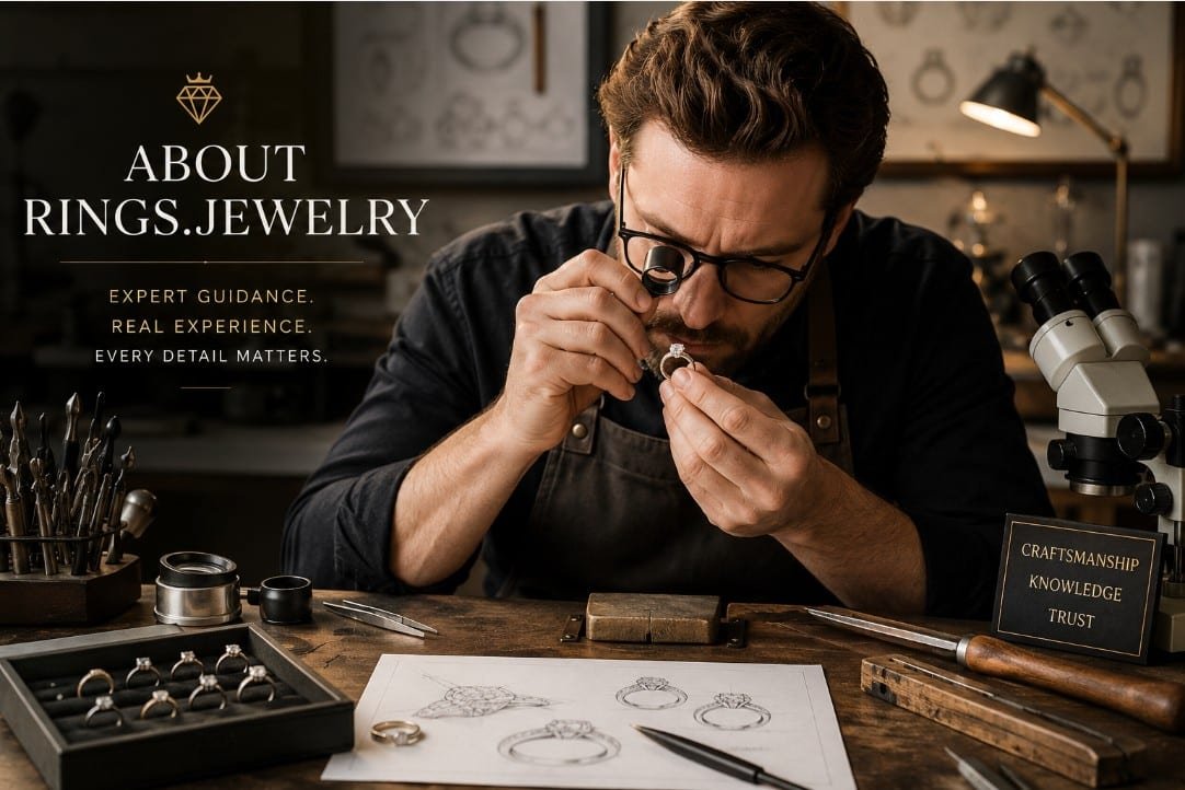 Jewelry expert inspecting a diamond ring for craftsmanship setting quality stone security and trusted buying guidance