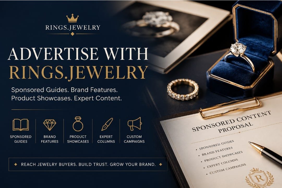 Luxury jewelry advertising banner with diamond ring sponsored guides brand features product showcases and expert content