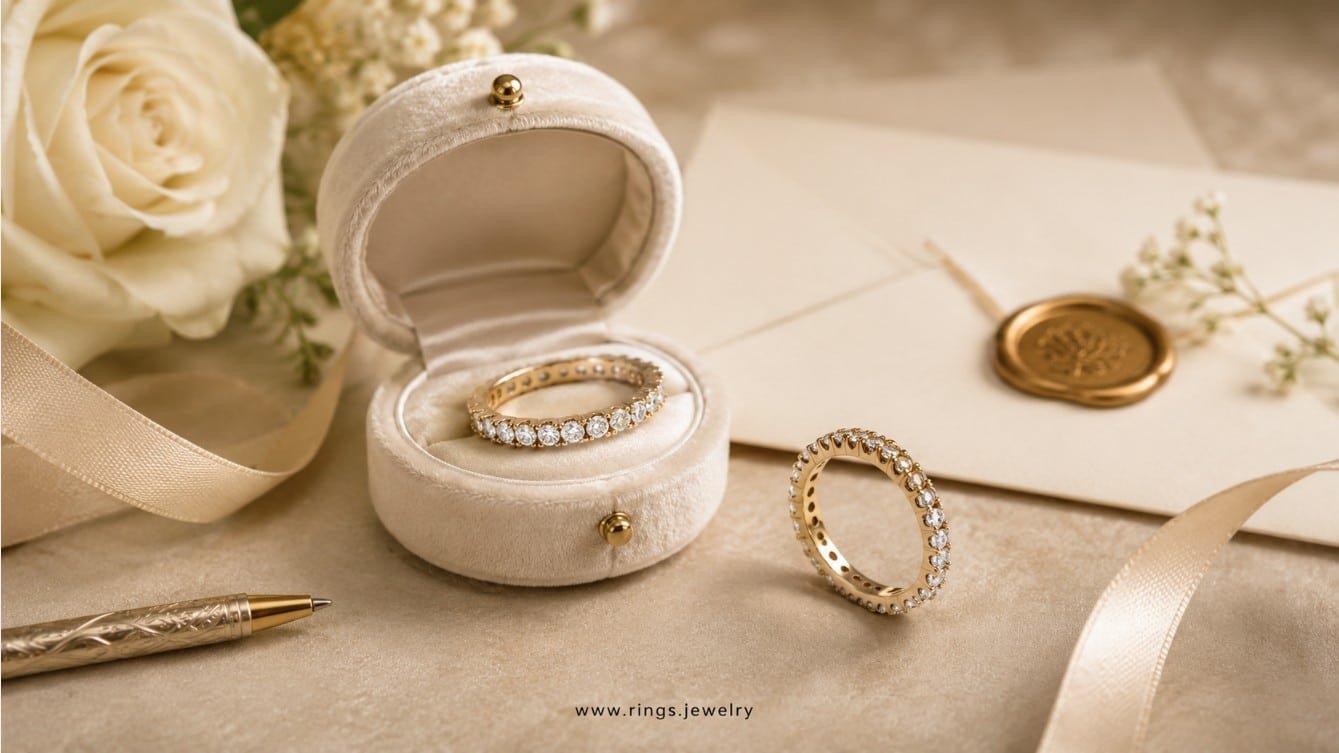 Anniversary ring gift messages with elegant eternity bands, fine jewelry card, romantic milestone notes, and meaningful love gift styling