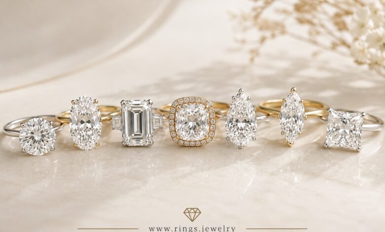 Luxury diamond engagement rings with round, oval, emerald, cushion, pear, marquise and princess cut diamonds
