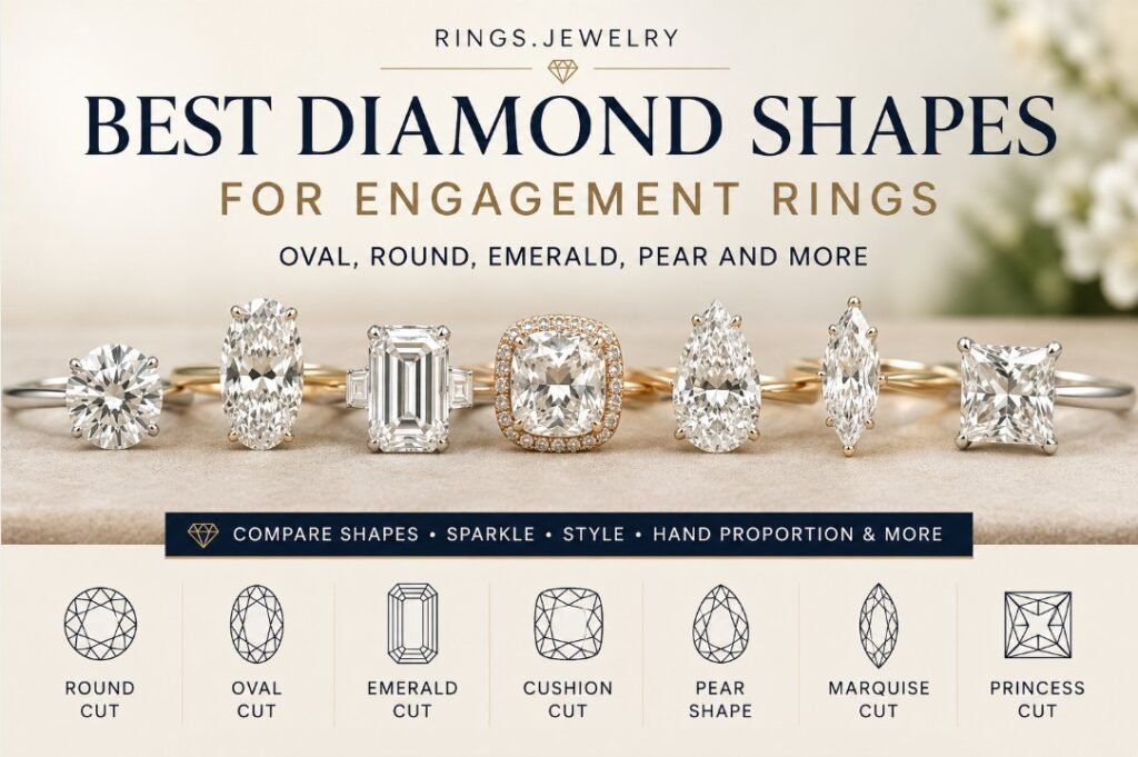Best Diamond Shapes for Engagement Rings 2 Best diamond shapes for engagement rings including round, oval, emerald, cushion, pear, marquise and princess cuts