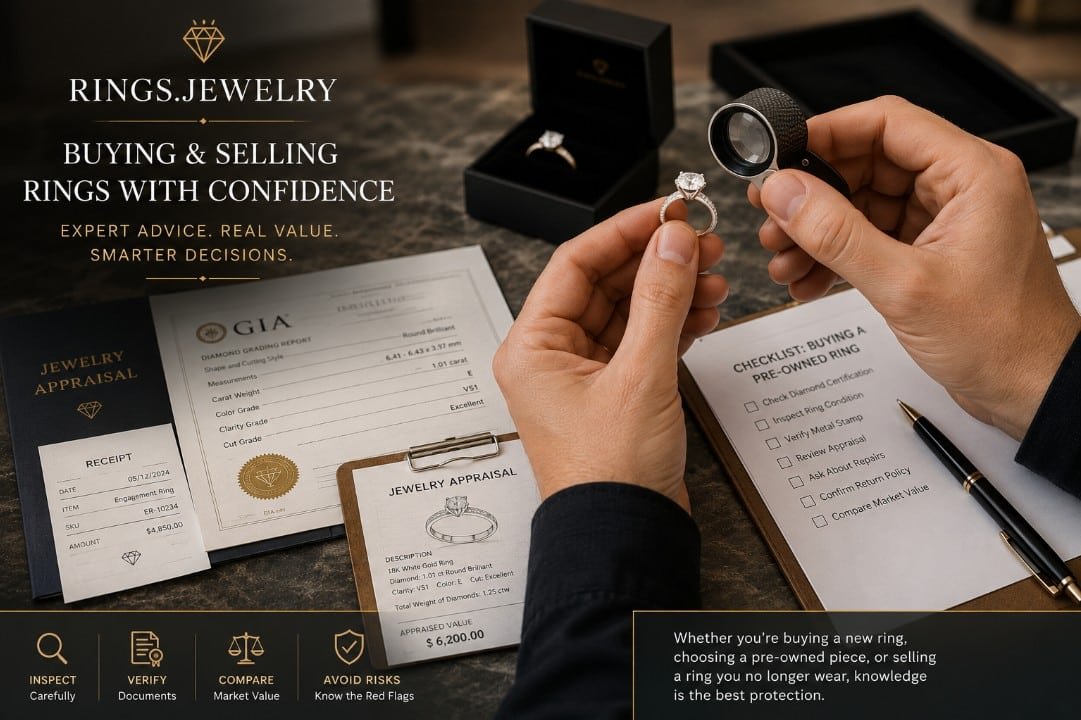 Jewelry advisor reviewing an engagement ring with appraisal documents certification and buyer checklist for safe ring decisions