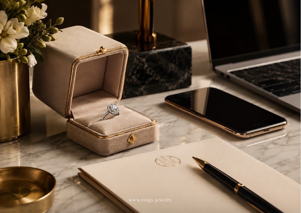 Elegant jewelry consultation workspace with diamond ring email inquiry notebook laptop and luxury contact setting